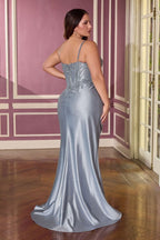 Fitted Gown Sweetheart Pleated Bodice Floral Appliqué Beaded Corset Slit