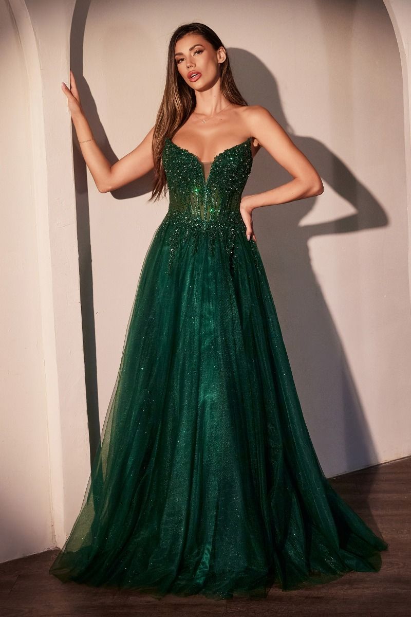 Strapless A-Line Fashion Forward Tulle Gown w/ Beaded Corset Bodice
