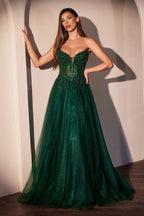 Strapless A-Line Fashion Forward Tulle Gown w/ Beaded Corset Bodice