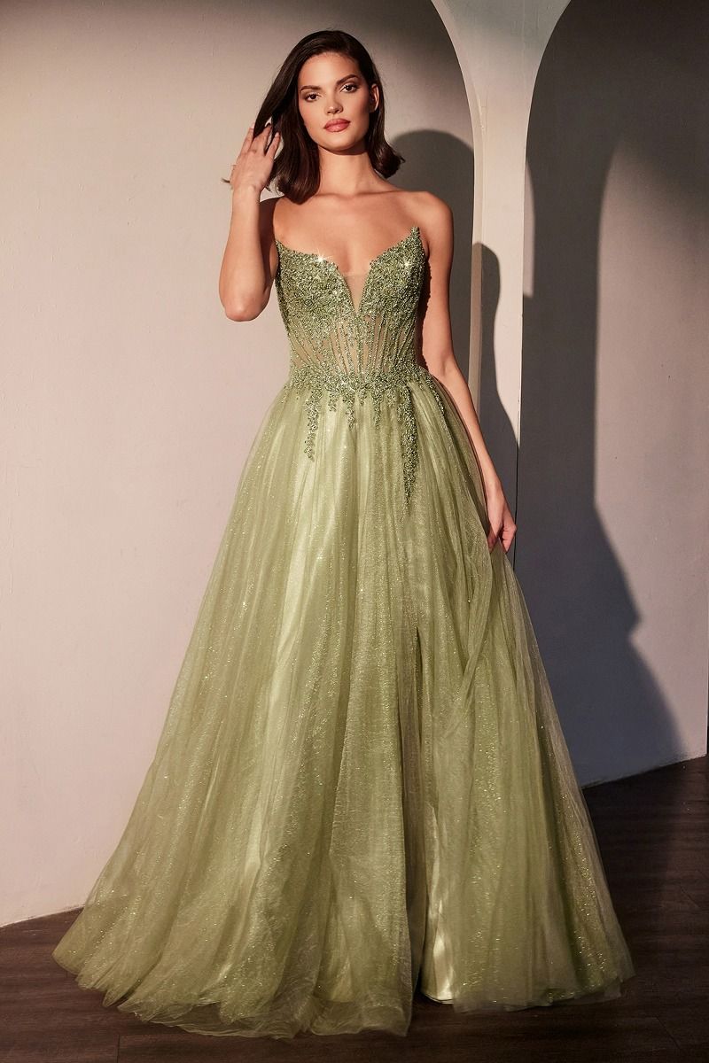 Strapless A-Line Fashion Forward Tulle Gown w/ Beaded Corset Bodice