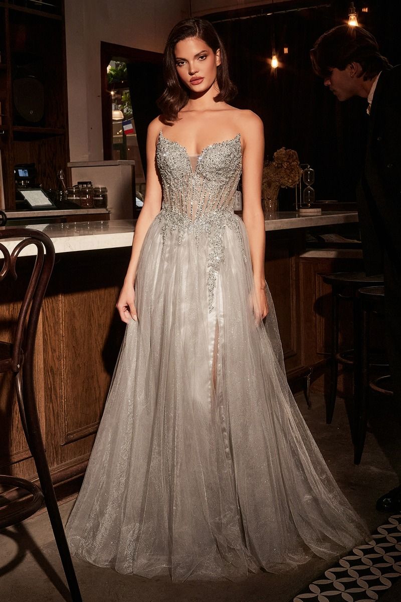 Strapless A-Line Fashion Forward Tulle Gown w/ Beaded Corset Bodice