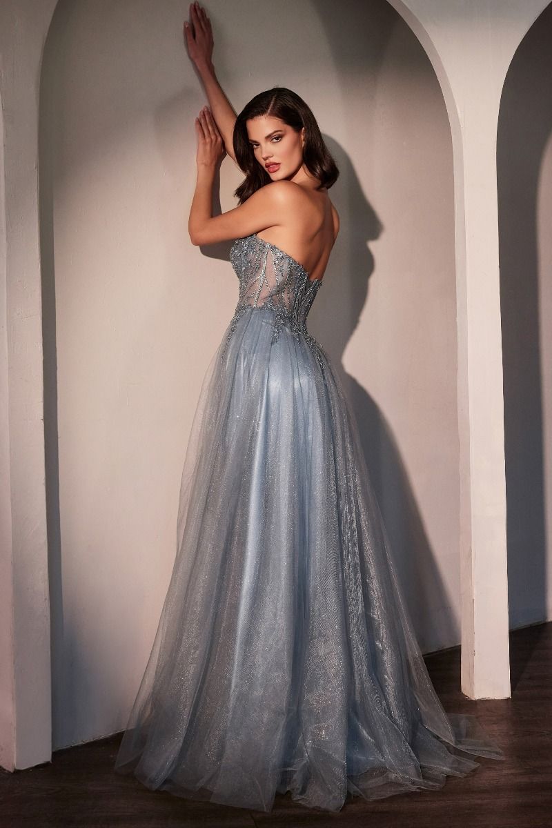 Strapless A-Line Fashion Forward Tulle Gown w/ Beaded Corset Bodice