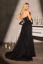 Strapless Sweetheart Beaded Corset Gown with Slit and Detachable Tulle Overskirt