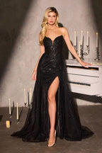 Strapless Sweetheart Beaded Corset Gown with Slit and Detachable Tulle Overskirt