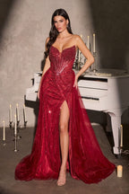 Strapless Sweetheart Beaded Corset Gown with Slit and Detachable Tulle Overskirt