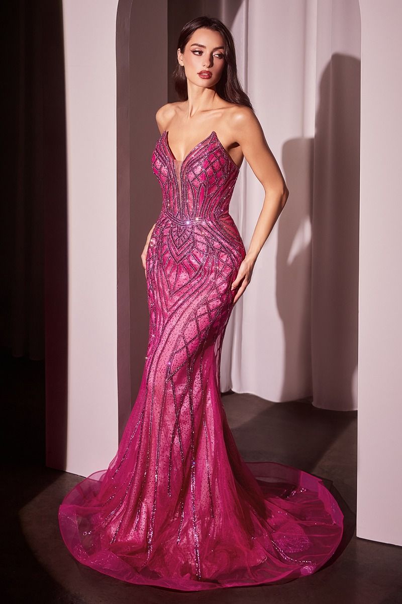 Strapless Crystals Embellished Mermaid Gown w/ Lace Up Back & V-Neckline