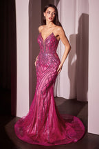 Strapless Crystals Embellished Mermaid Gown w/ Lace Up Back & V-Neckline