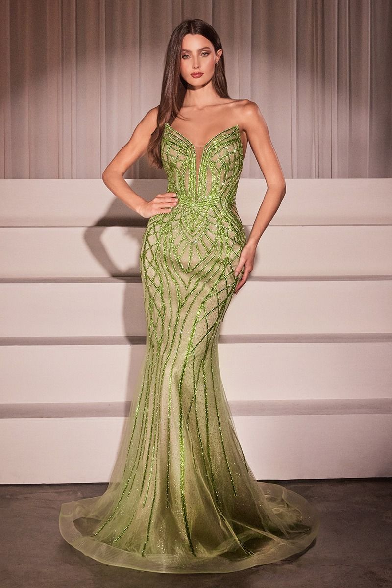 Strapless Crystals Embellished Mermaid Gown w/ Lace Up Back & V-Neckline