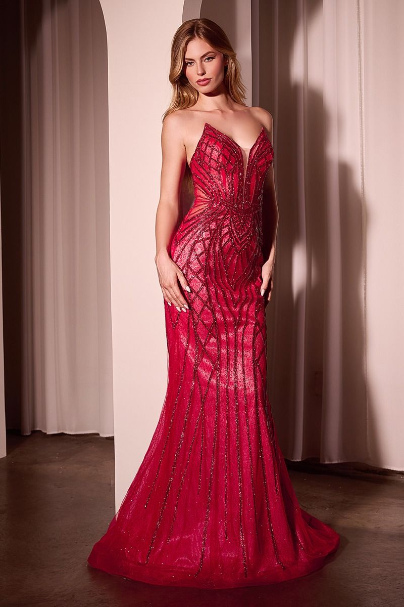 Strapless Crystals Embellished Mermaid Gown w/ Lace Up Back & V-Neckline