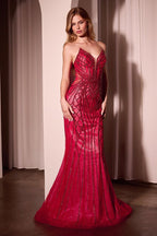 Strapless Crystals Embellished Mermaid Gown w/ Lace Up Back & V-Neckline