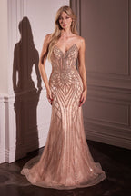 Strapless Crystals Embellished Mermaid Gown w/ Lace Up Back & V-Neckline