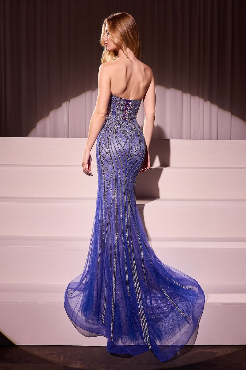 Strapless Crystals Embellished Mermaid Gown w/ Lace Up Back & V-Neckline