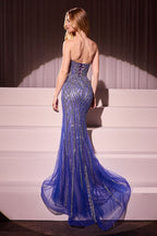 Strapless Crystals Embellished Mermaid Gown w/ Lace Up Back & V-Neckline