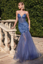 Beaded Spaghetti Strap Sequin Evening Gown with High Slit