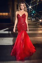 Beaded Spaghetti Strap Sequin Evening Gown with High Slit