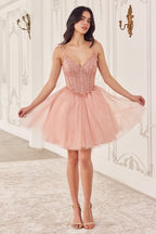 Dusty Blue, Gold & Blush Short Corset Tulle Dress | Sparkly A-Line Mini Party Dress