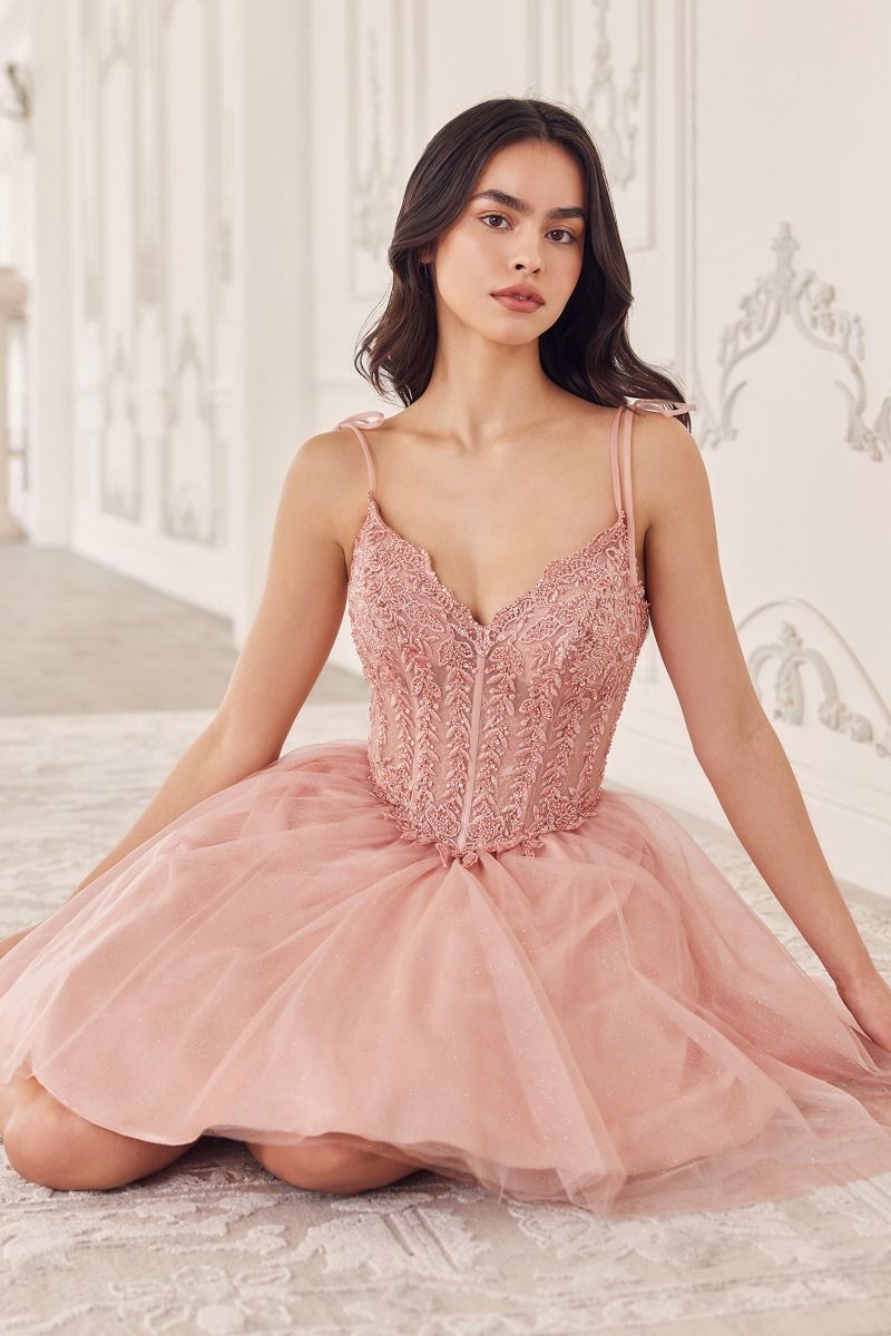 Dusty Blue, Gold & Blush Short Corset Tulle Dress | Sparkly A-Line Mini Party Dress