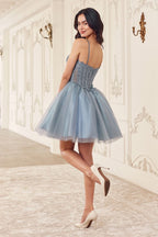 Dusty Blue, Gold & Blush Short Corset Tulle Dress | Sparkly A-Line Mini Party Dress