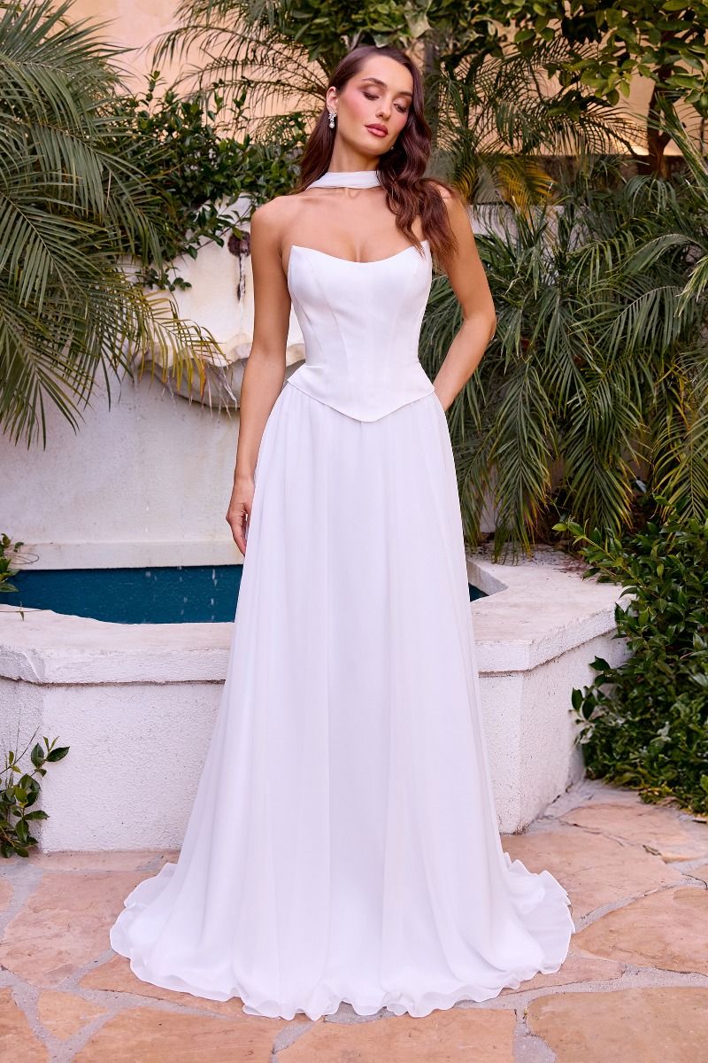 A-line chiffon gown, sculpted corset bodice