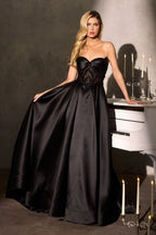 Strapless A-line Graduation Mikado Gown w/ Charming Beaded Corset Bodice & Voluminous Skirt