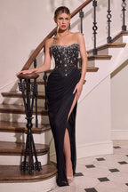 Strapless Sheer Corset Gown with Beaded Bodice and High Slit