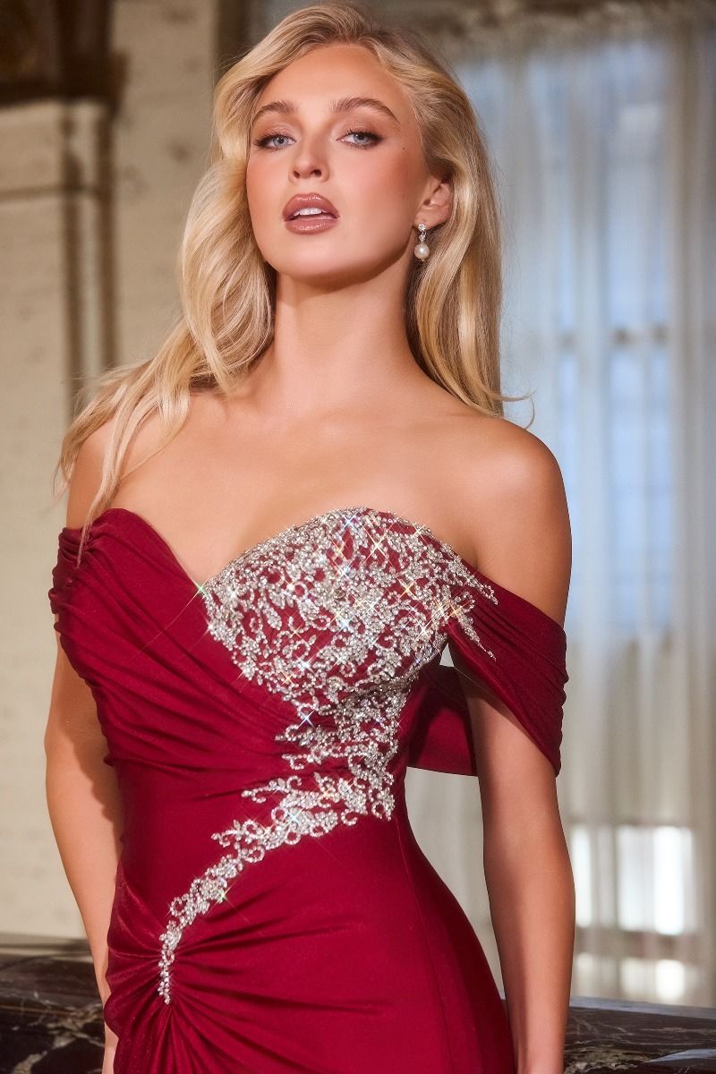 Fitted Dress Off-The-Shoulder Crystal Embellished Ruched Bodice Stretch Satin Train