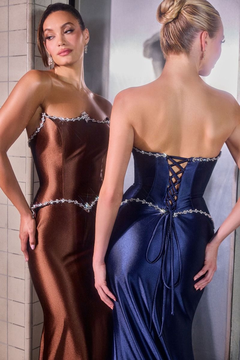 Strapless Satin Fitted Gown Crystal Bodice Lace-Up Corset Back