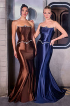 Strapless Satin Fitted Gown Crystal Bodice Lace-Up Corset Back