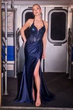 Fitted Satin & Lace Embellished Gown