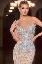 Mermaid Strapless Dress Sheer Illusion Beaded Corset Bodice Lace-Up Back