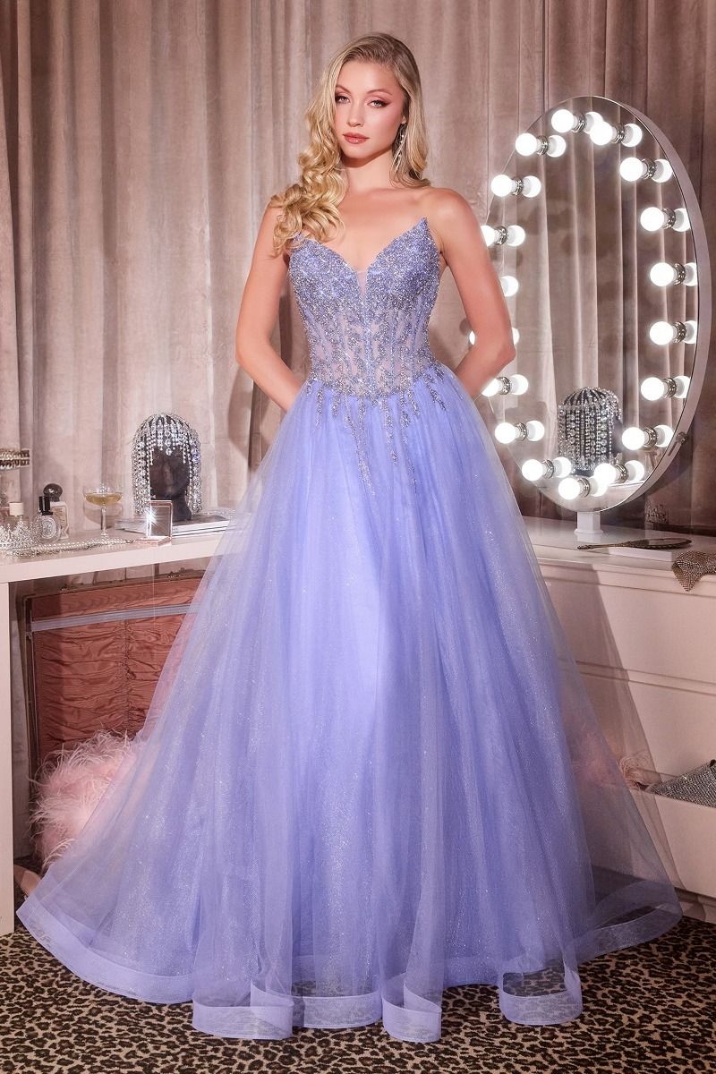 Strapless Crystal Corset A-Line Glitter Tulle Gown