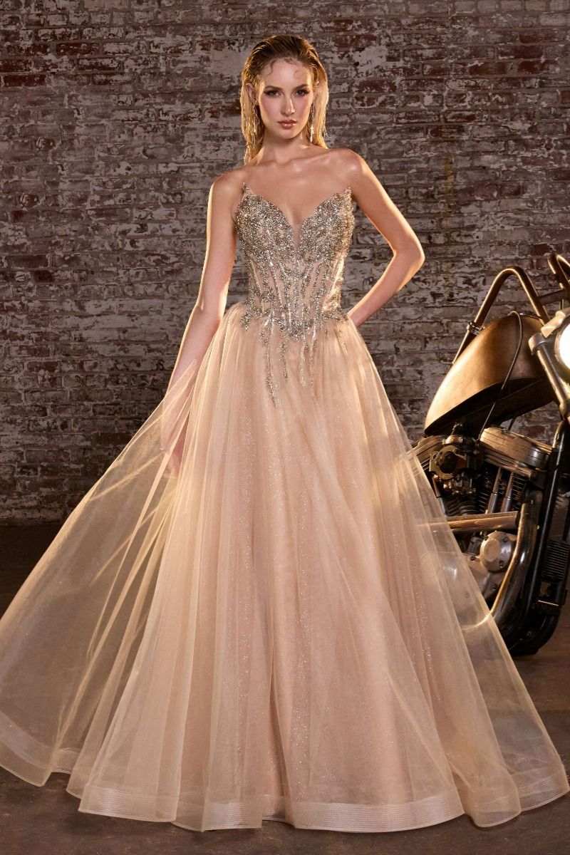 Strapless Crystal Corset A-Line Glitter Tulle Gown