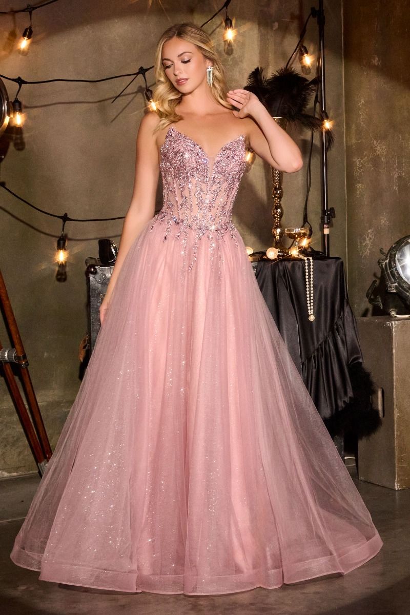 Strapless Crystal Corset A-Line Glitter Tulle Gown