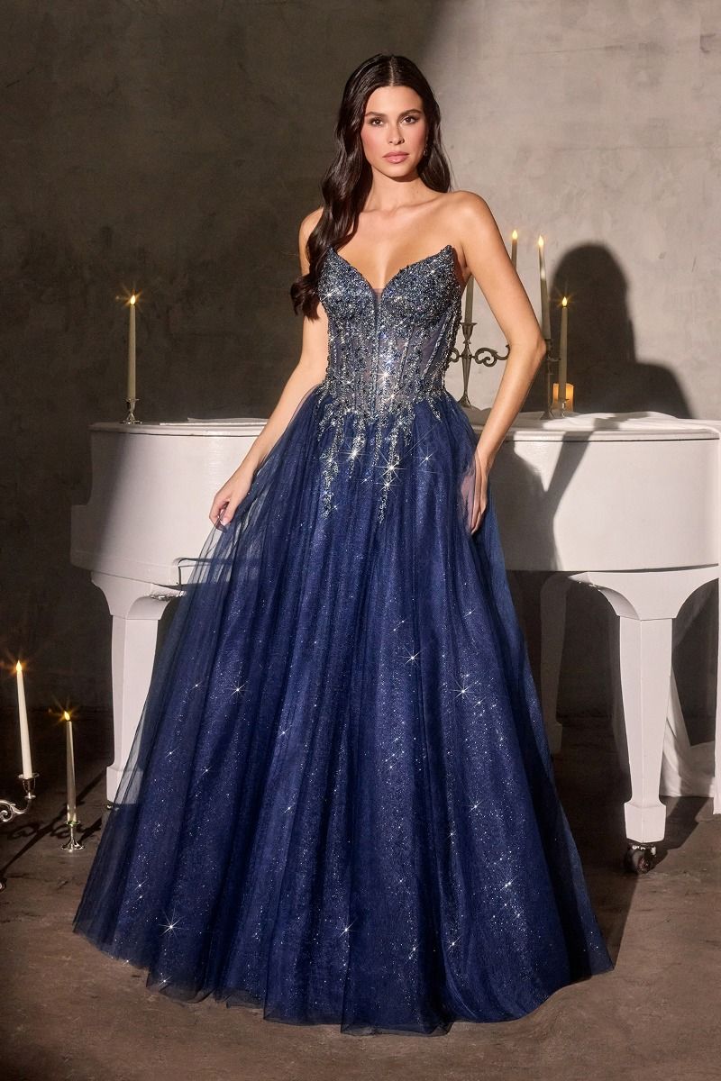Strapless Crystal Corset A-Line Glitter Tulle Gown