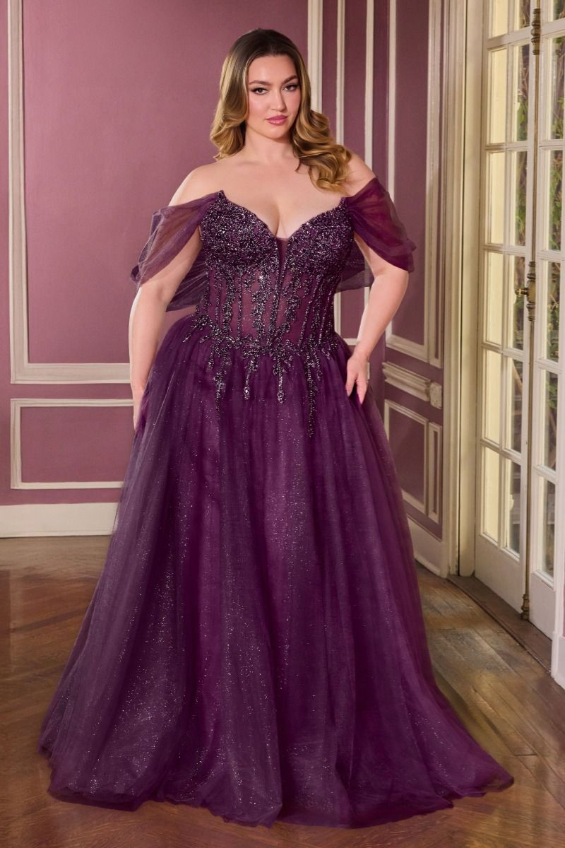 Off Shoulder Beaded Corset A-Line Prom Dress Glitter Tulle Evening Gown