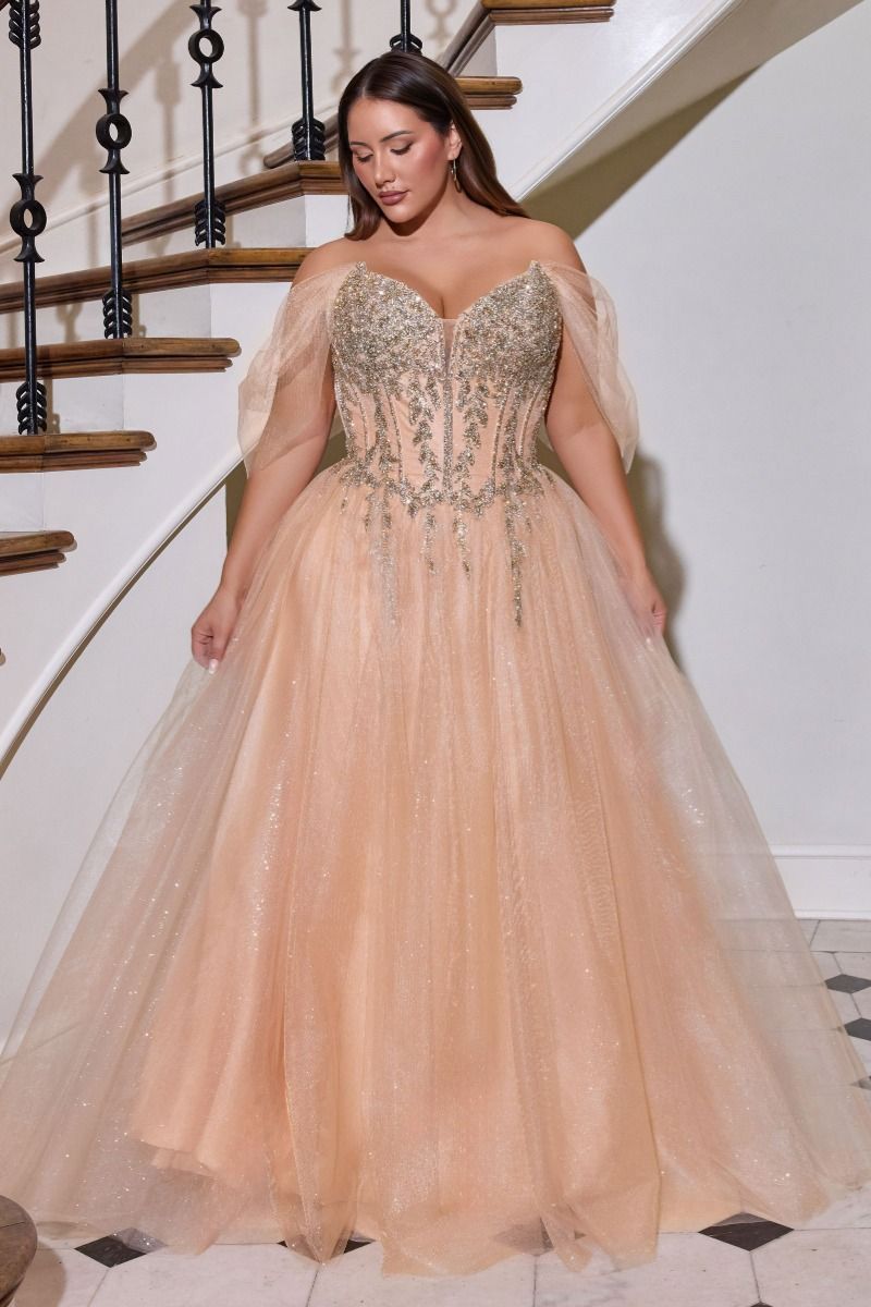 Off Shoulder Beaded Corset A-Line Prom Dress Glitter Tulle Evening Gown