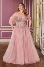 Off Shoulder Beaded Corset A-Line Prom Dress Glitter Tulle Evening Gown