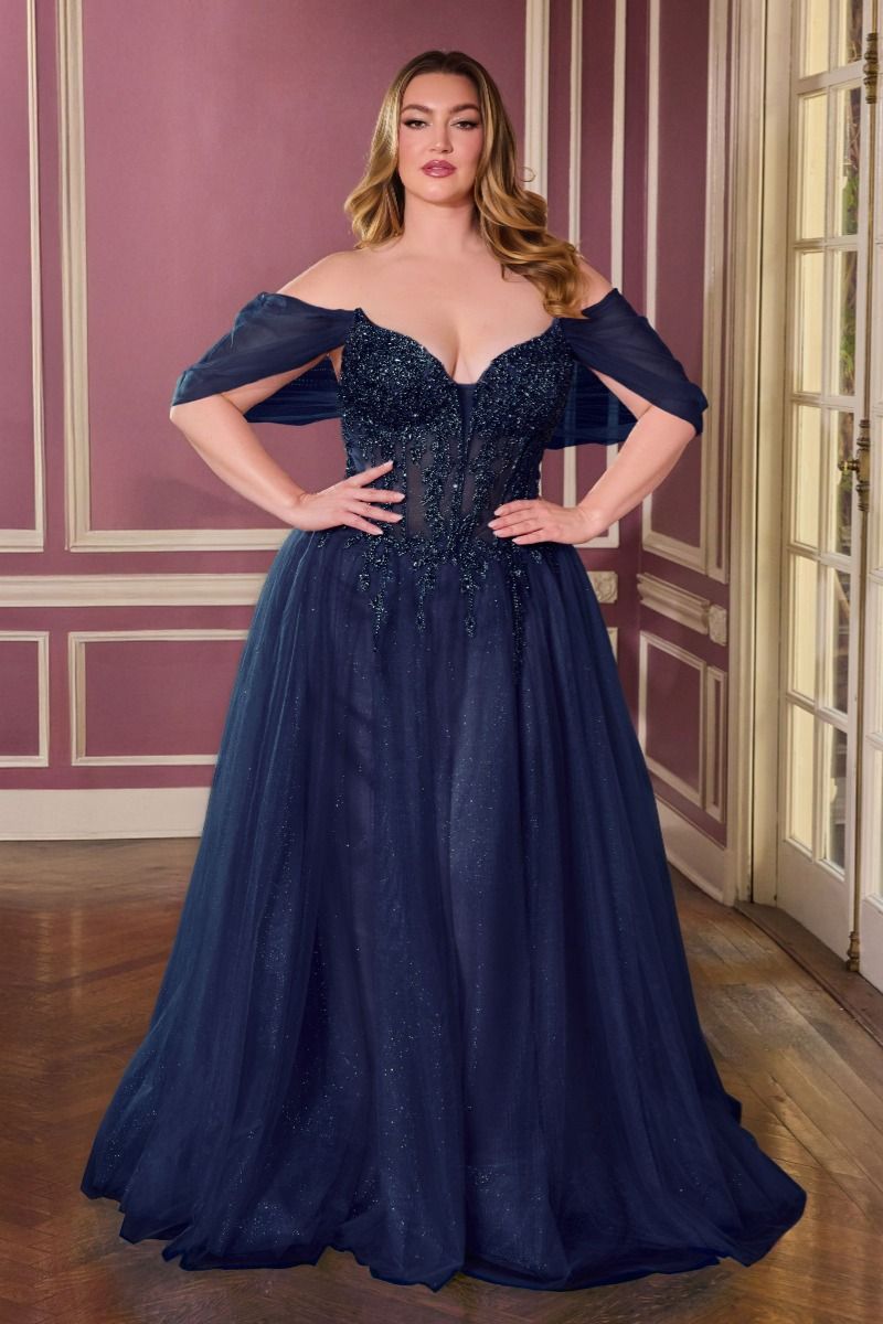 Off Shoulder Beaded Corset A-Line Prom Dress Glitter Tulle Evening Gown