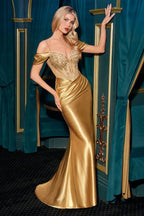 Fitted Gown Beaded V-Neck Bodice Stretch Satin Skirt Gathered Hip Slit Lace-Up Back