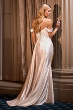 This Fitted Bridal Gown Showcases An Off-The-Shoulder Sweetheart Neckline And A Beaded Lace Corset Bodice
