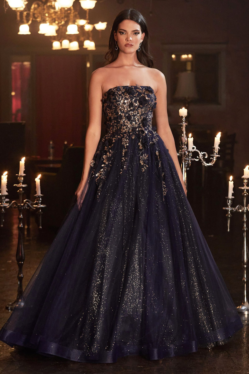 Strapless Glitter Sequin Tulle A-line Detachable Floral Shawl Embellished Long Prom