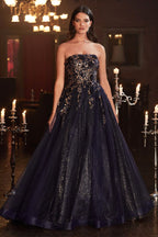 Strapless Glitter Sequin Tulle A-line Detachable Floral Shawl Embellished Long Prom