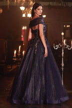 Strapless Glitter Sequin Tulle A-line Detachable Floral Shawl Embellished Long Prom