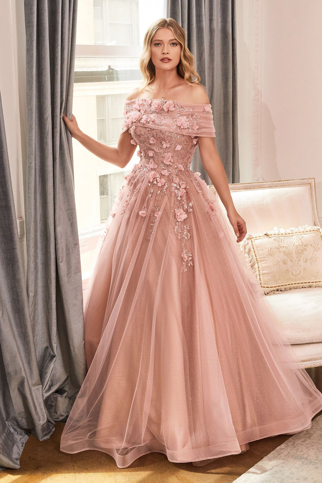 Strapless Glitter Sequin Tulle A-line Detachable Floral Shawl Embellished Long Prom