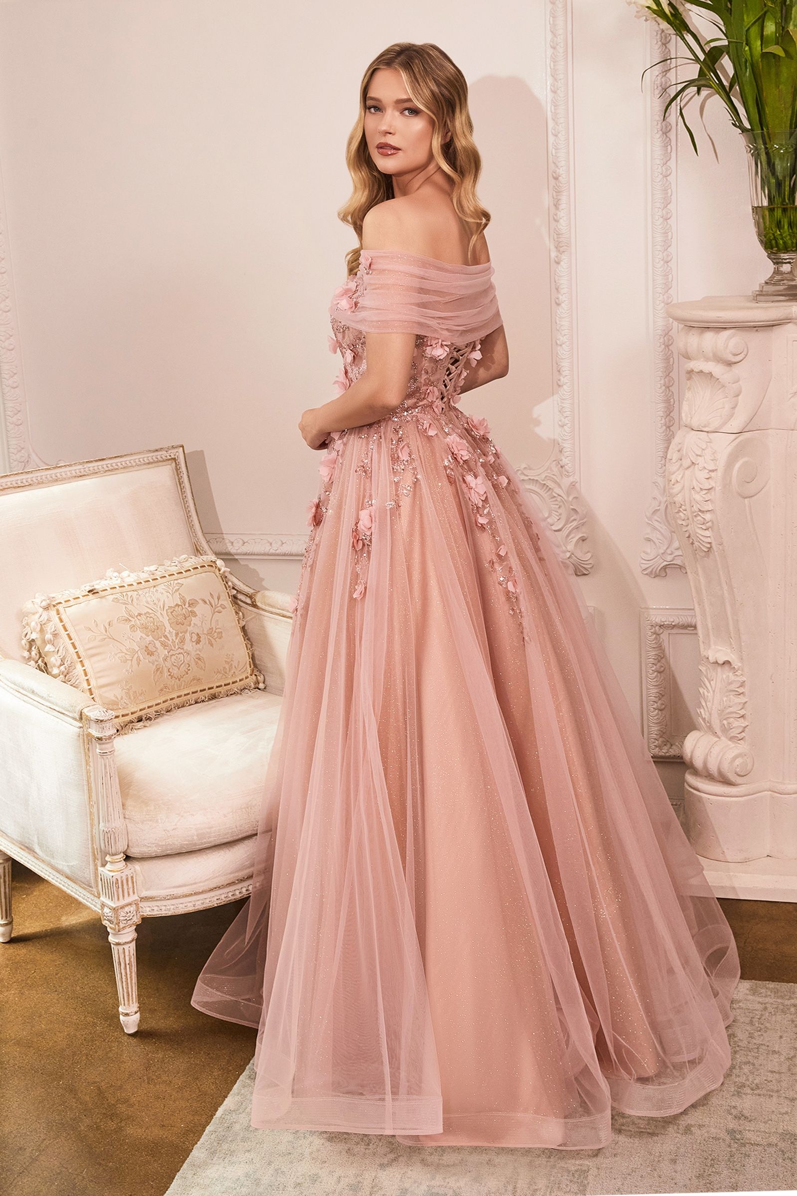 Strapless Glitter Sequin Tulle A-line Detachable Floral Shawl Embellished Long Prom