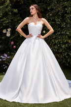 Strapless Soft Satin Off White Wedding Ball Gown w/ Sweetheart Neckline & Lace Up Back