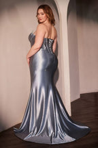 Micro Crystal Fitted Satin Gown In Curve