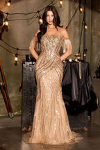Fitted Gown Sheer Beaded Corset Fringe Sleeves Sequin Embellishment Sweeping Hem