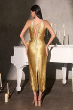 Fitted metallic gown the halter neckline and center detail