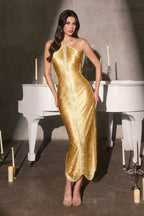 Fitted metallic gown the halter neckline and center detail